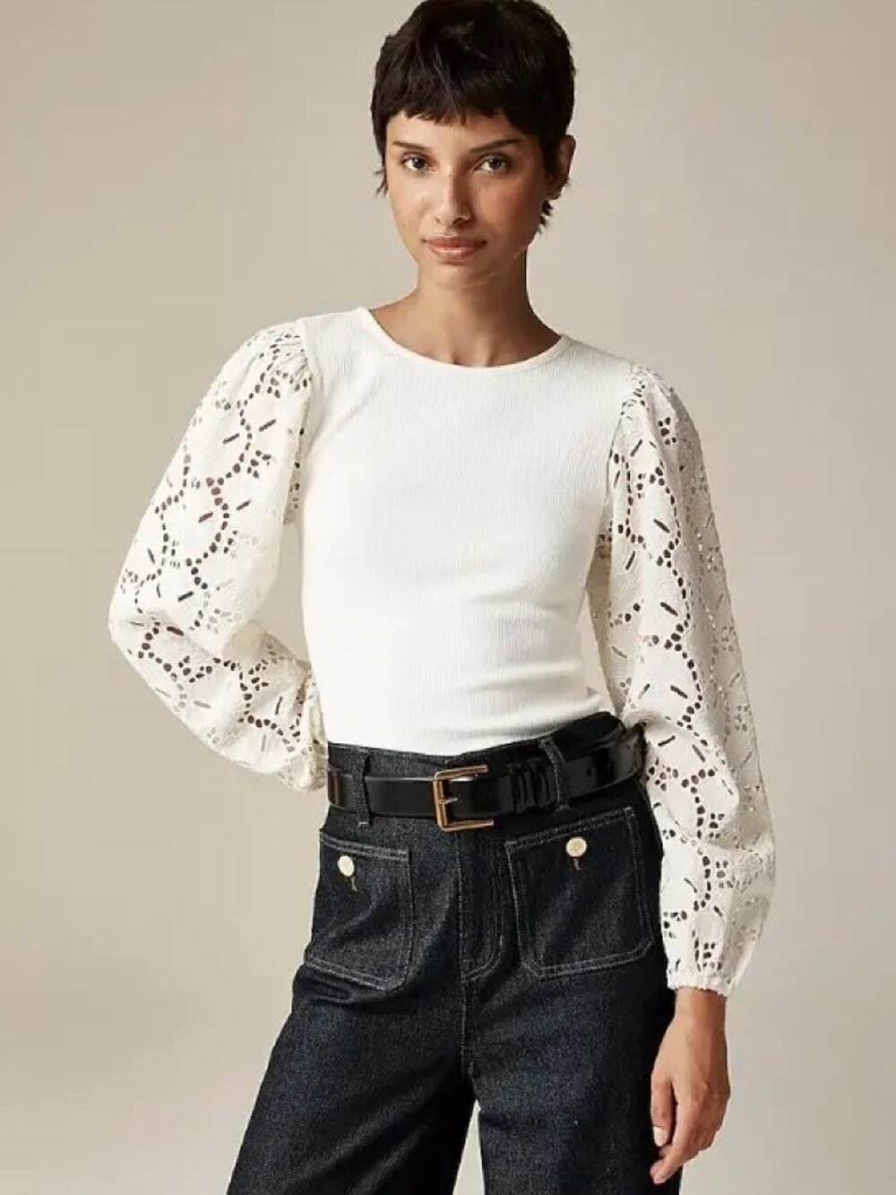 J. Crew | Vintage Rib Top with Cotton Poplin Eyelet Sleeves Ivory, Size XL